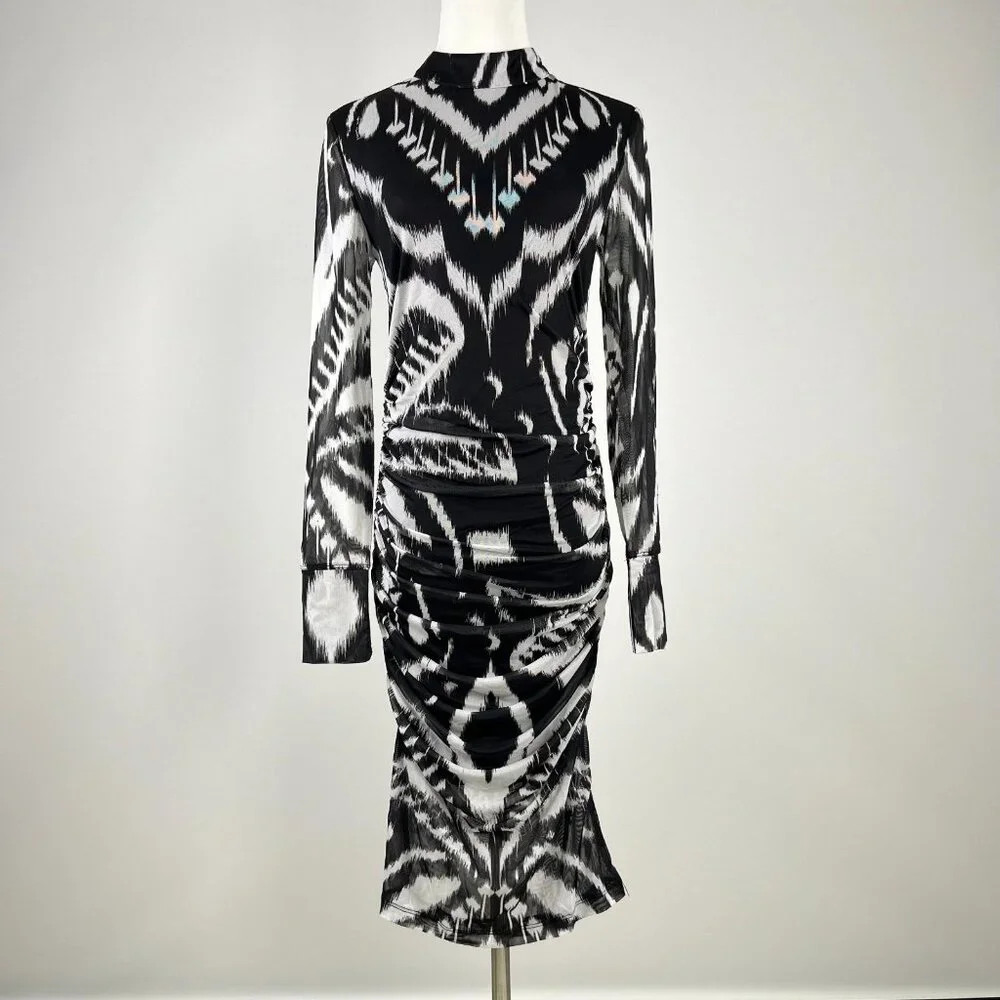 NWOT Farm Rio Pineapple Ikat Tulle Midi Dress Long Sleeves Size XS Black White